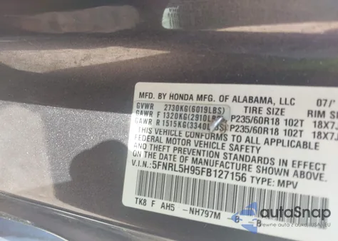 2015 Honda Odyssey Touring/Touring Elite from USA, damaged, VIN 5FNRL5H95FB127156